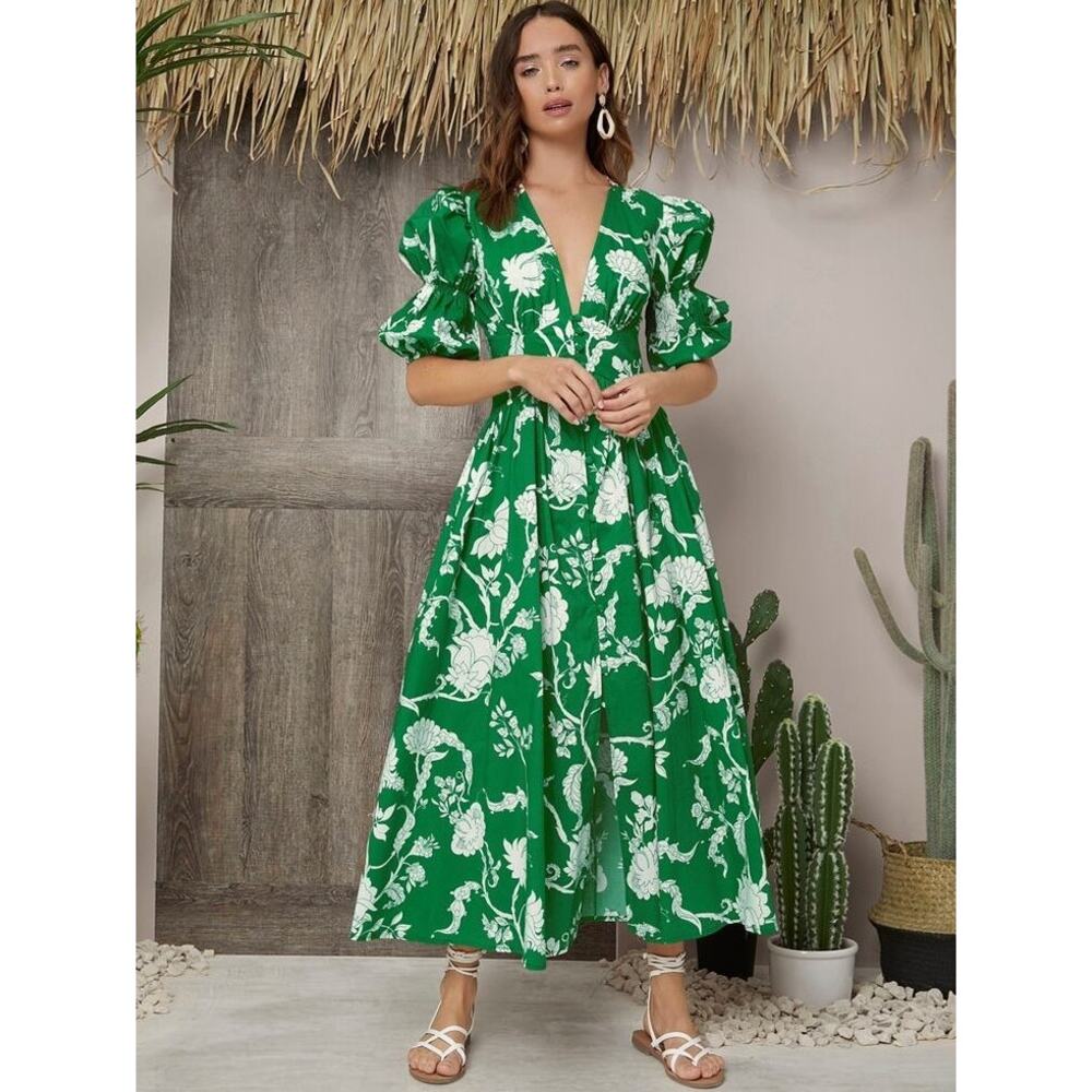 Green Deep V Floral Dress